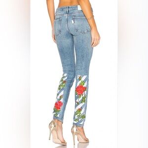 Off-White Blue Skinny Jeans with Red Floral Design